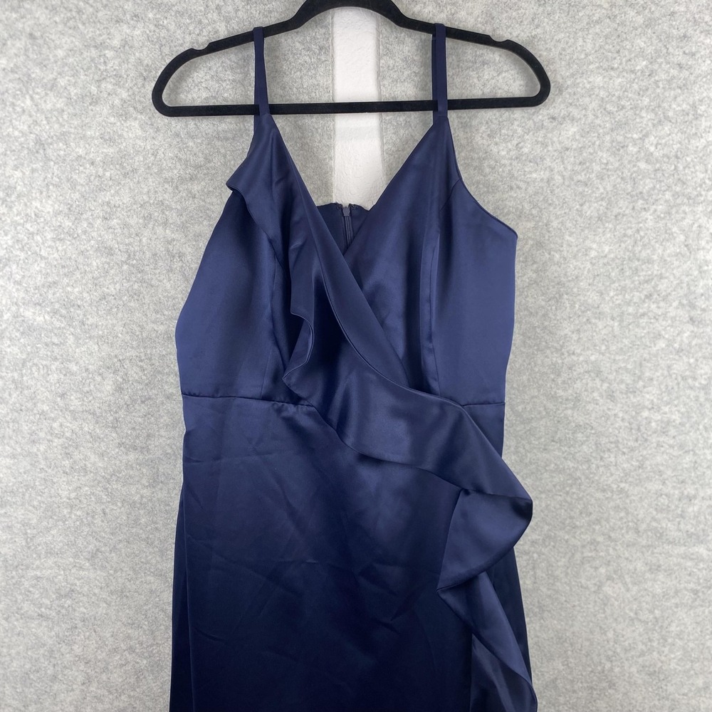 DKNY Dress Womens 16 Blue Satin Ruffle Mermaid Maxi V Neck Formal Gown Evening